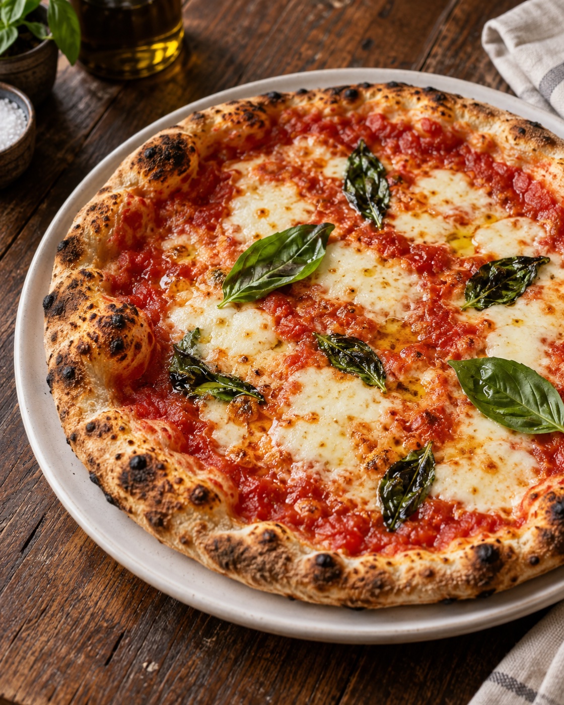 Sfeerbeeld van een steenovenpizza met tomaat, mozzarella en basilicum